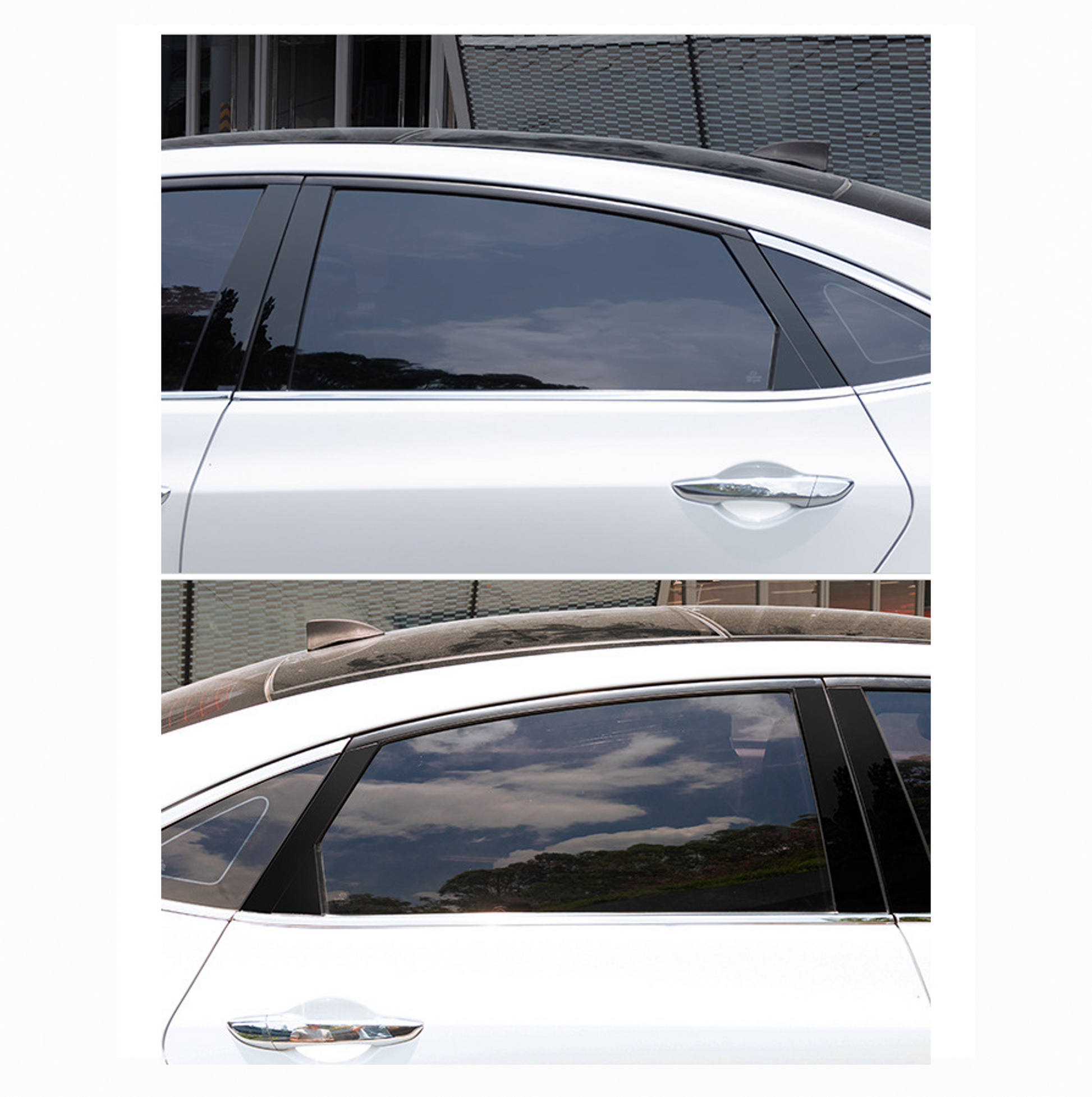 Comparison of BYD vehicle side view with new glossy B-pillar trim installed on top image, versus dull, worn B-pillar on bottom image.