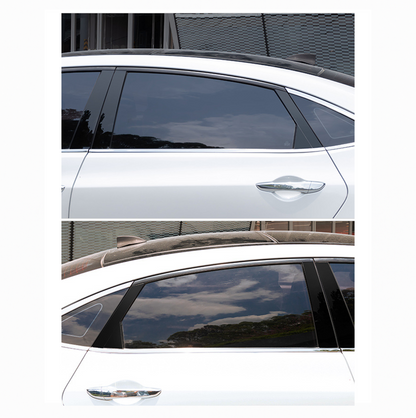 Comparison of BYD vehicle side view with new glossy B-pillar trim installed on top image, versus dull, worn B-pillar on bottom image.