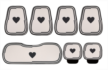 Set of breathable cartoon car seat cushions for BYD, featuring heart pattern design, includes seat pads, backrest covers, and armrest pads.