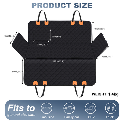 Detailed size chart of BYD dog car seat cover hammock, fits SUVs, sedans, trucks and family cars