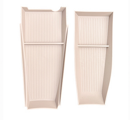 Pair of BYD Dolphin center console organizer insert trays in beige color, shown separately to highlight design and compartment structure.