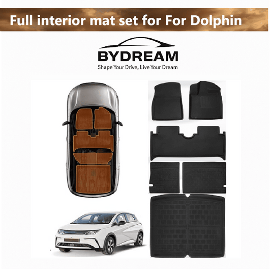 Full interior car mat set for BYD Dolphin 2022–2025, includes floor mats, trunk mat, frunk liner, sub-trunk mat, and rear seat back protectors, black TPR+XPE.

