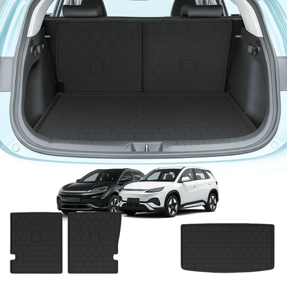 Complete trunk mat set for BYD Dolphin, including base, sub-trunk and rear seat back covers, offering all-around cargo protection