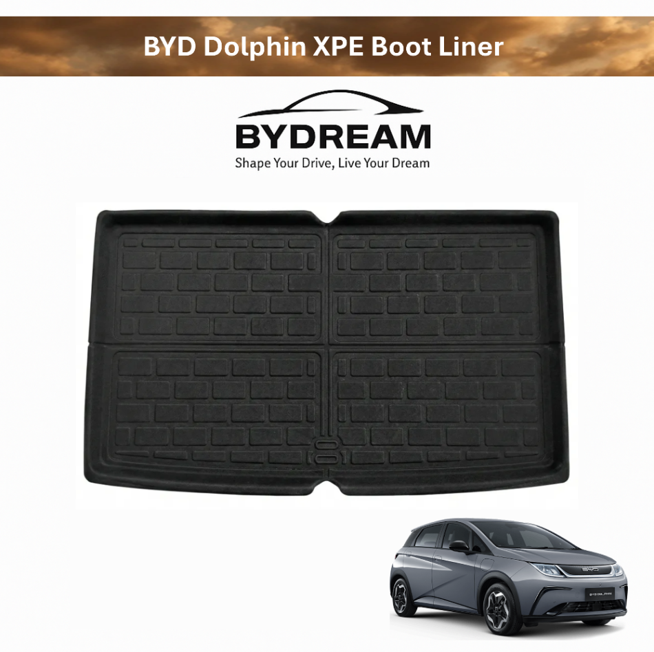 BYD Dolphin XPE custom fit boot liner in black with raised edges for waterproof rear cargo area protection.