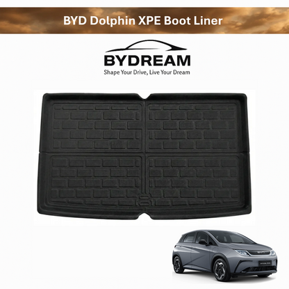 BYD Dolphin XPE custom fit boot liner in black with raised edges for waterproof rear cargo area protection.
