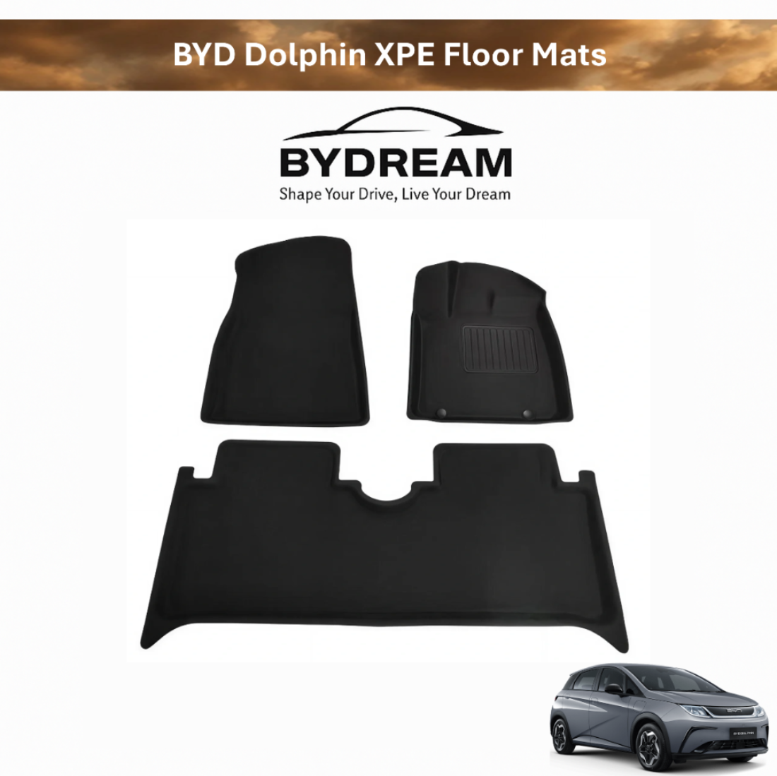 BYD Dolphin XPE custom fit floor mats in black, waterproof interior protection with raised edges for full front and rear coverage.