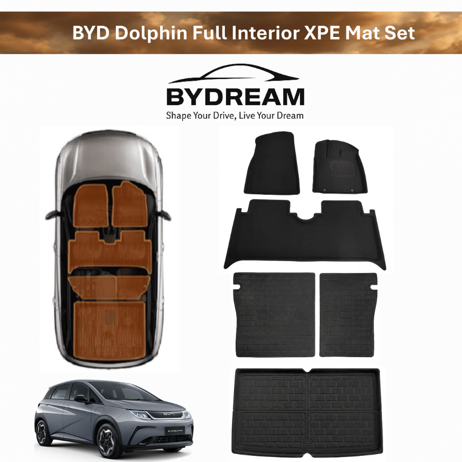 BYD Dolphin XPE full interior protection set including custom-fit floor mats, boot liner and rear seatback protectors on white background