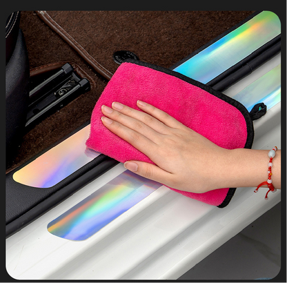 Demonstration of cleaning BYD iridescent door sill guard with microfiber cloth – easy to maintain surface