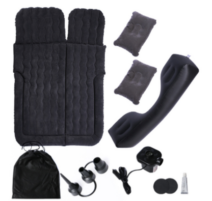 Complete accessory kit for black BYD inflatable car mattress including matching pillows, side barrier, electric air pump, repair tools, and carry bag for car camping comfort.
