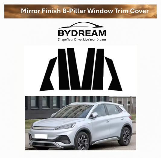 Mirror finish B-pillar window trim set for BYD vehicles, shown as individual chrome pieces and installed on a silver BYD SUV.