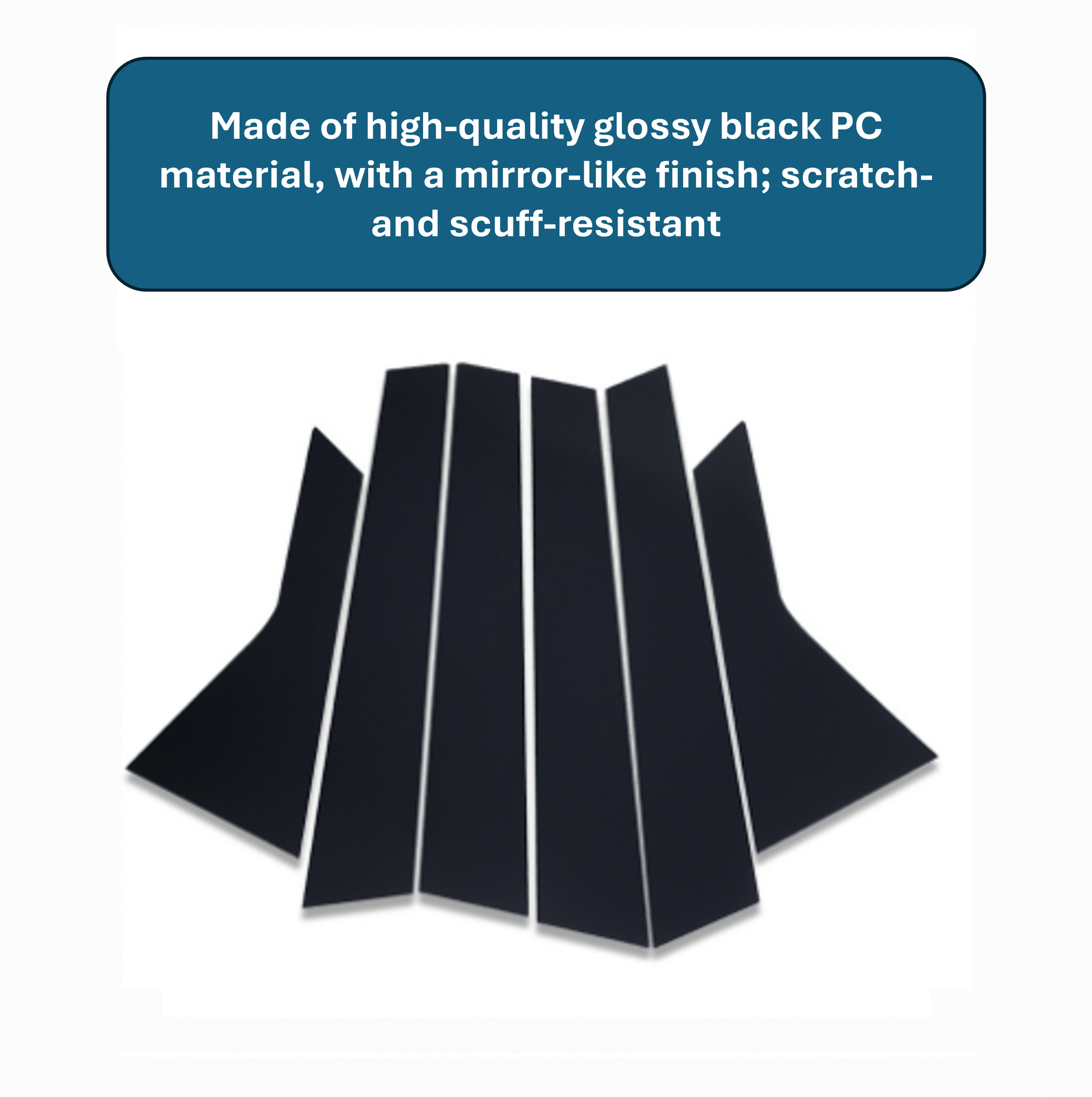Set of black mirror-finish B-pillar trim pieces for BYD vehicles, made of glossy PC material, shown in flat layout with text describing scratch resistance.
