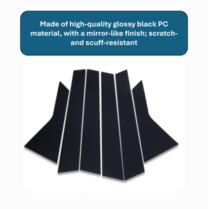 Set of black mirror-finish B-pillar trim pieces for BYD vehicles, made of glossy PC material, shown in flat layout with text describing scratch resistance.