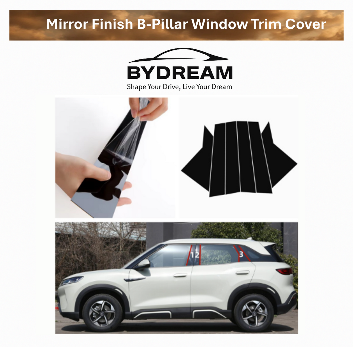 BYD mirror finish B-pillar trim cover shown with peel-off adhesive backing, separated chrome pieces, and installed on white BYD SUV side view.