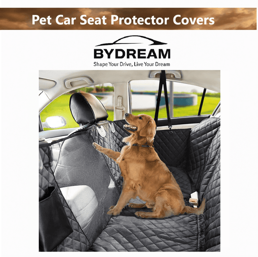 Golden retriever sitting on waterproof pet car seat cover hammock with mesh window in BYD rear seat