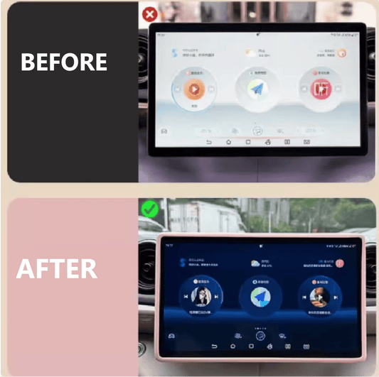 Before and after comparison of BYD central display with silicone screen trim installed