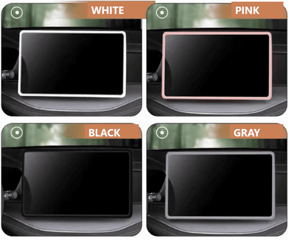 Hand holding four color options of BYD screen trim: pink, grey, black, and white2