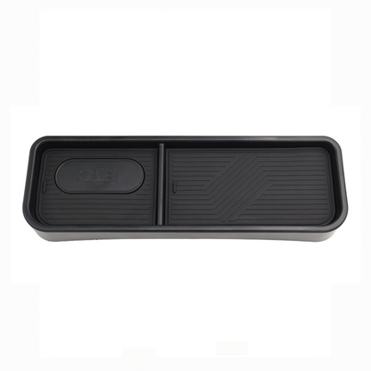 Full view of black ABS dashboard rear storage tray for BYD Seal, with dual sections and removable textured sliding lids for organizing small items, precision OEM fit