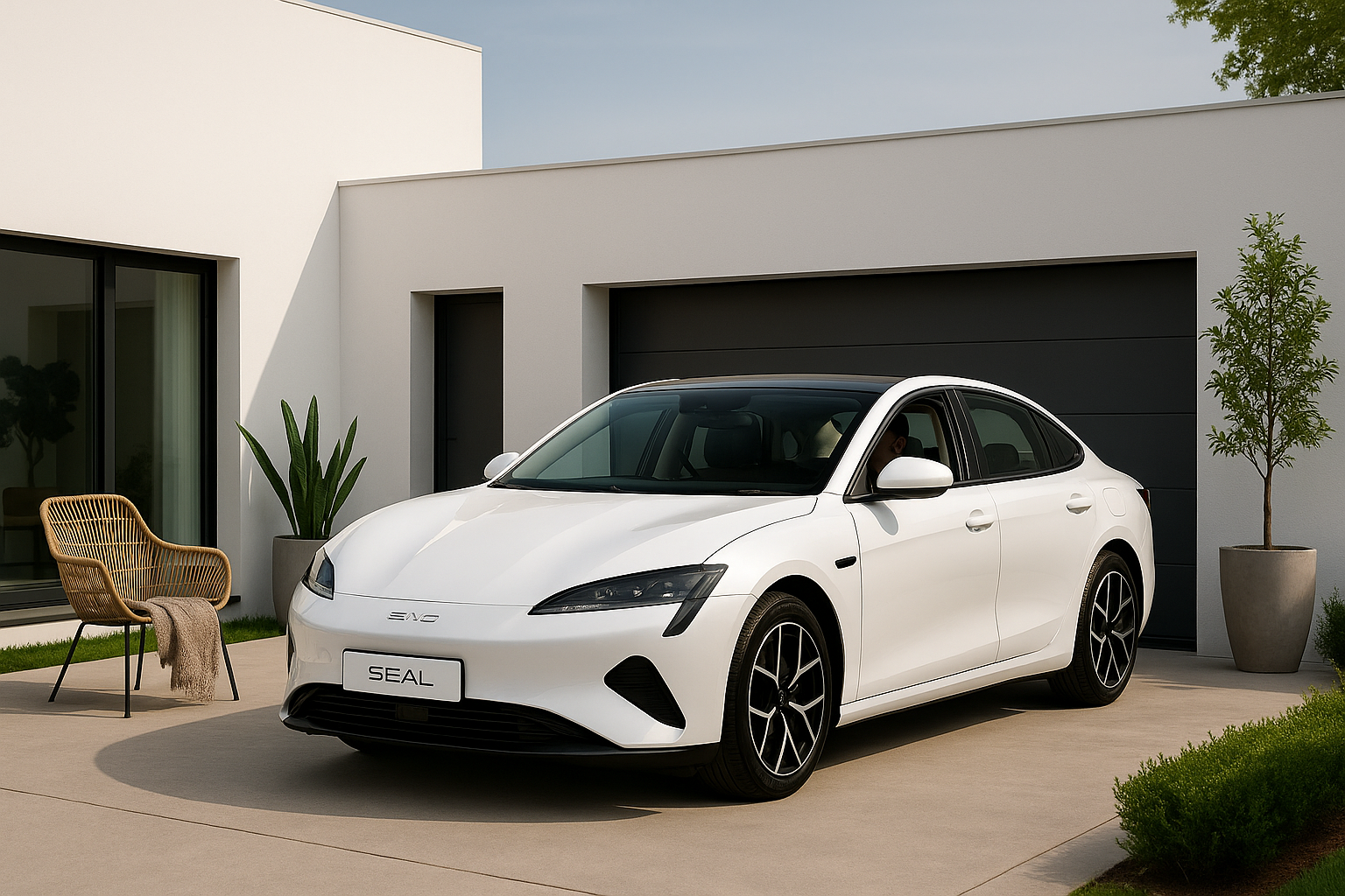 White BYD Seal electric sedan parked at modern house – premium BYD accessories available at bydream.com.au