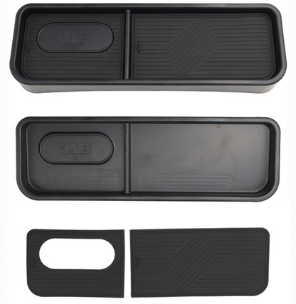 BYD Seal black dashboard rear organizer tray in durable ABS plastic, shown from multiple angles and disassembled, highlighting dual removable textured lids for tidy storage and OEM fit