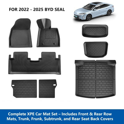 Complete XPE car mat set for BYD Seal 2022–2025, includes front and rear mats, trunk, frunk, subtrunk liners, and rear seat back covers
