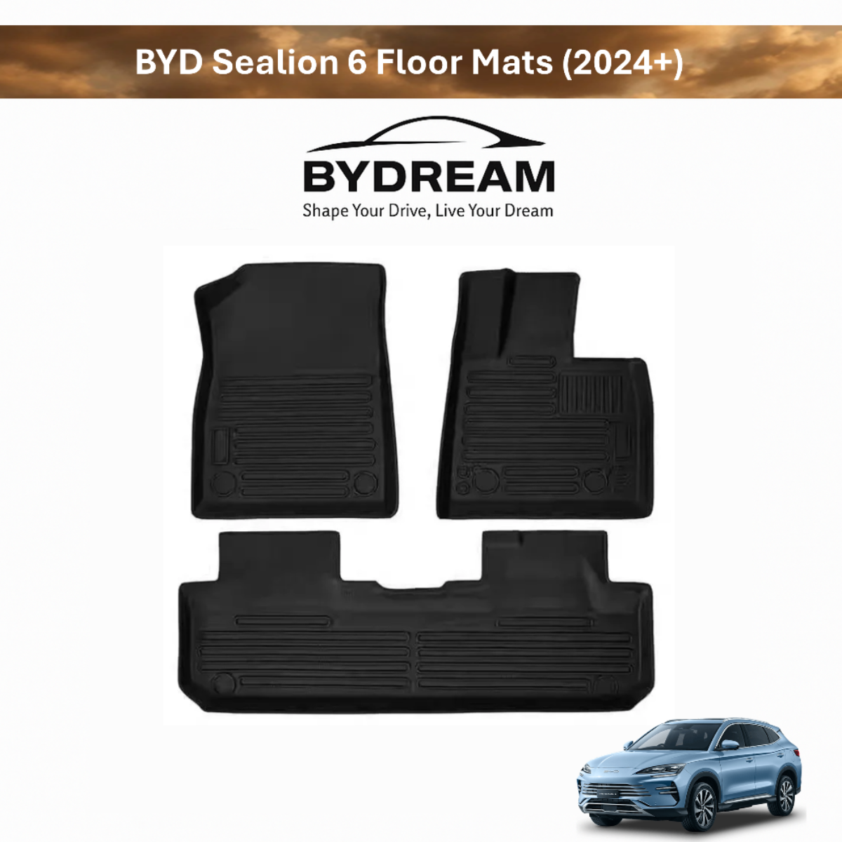 Black TPE custom fit floor mats for BYD Sealion 6, front and rear coverage
