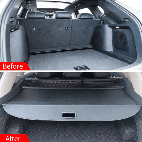 Before and after comparison of rear trunk privacy cover installation for BYD Sealion 7 – highlights improved storage concealment and aesthetics