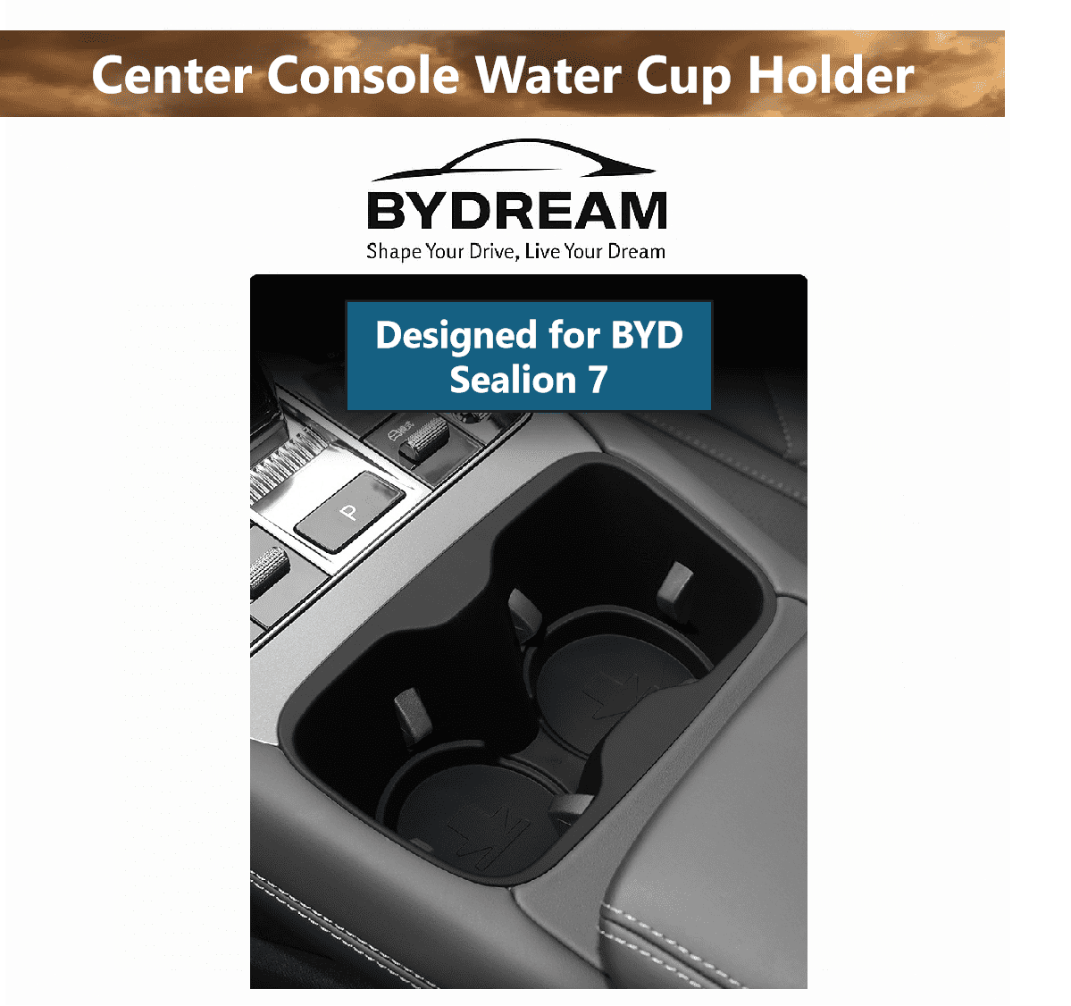 Top view of BYD Sealion 7 center console with anti-slip cup holder insert installed, designed for perfect OEM fit.