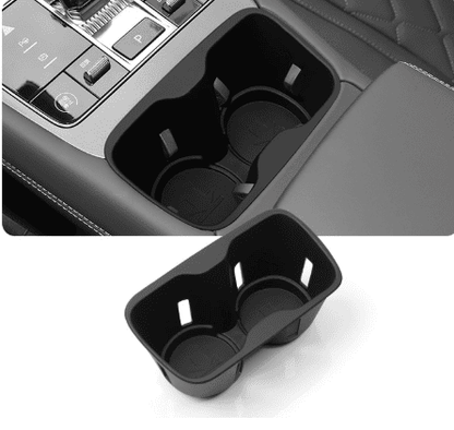 Side-by-side comparison of BYD Sealion 7 cup holder insert in product-only view and installed view in the center console.