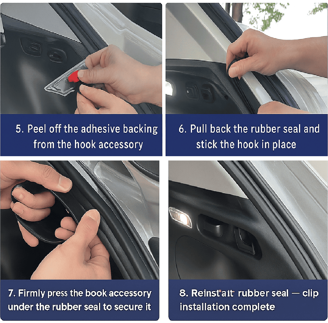 Step 5 to 8: Install rear trunk cover adhesive hooks under rubber seal for BYD Sealion 7 – tool-free clip installation
