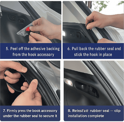 Step 5 to 8: Install rear trunk cover adhesive hooks under rubber seal for BYD Sealion 7 – tool-free clip installation