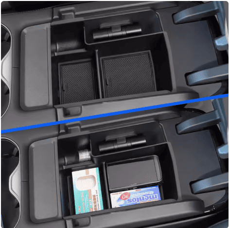 BYD Sealion 6 armrest organizer before and after usage comparison view
