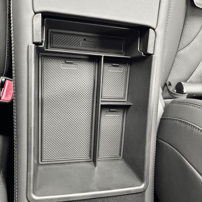 Installed view of the custom-fit center console organizer tray with anti-slip rubber mats inside a BYD Sealion 7 (2024+), showing precise fit and convenient compartment layout.