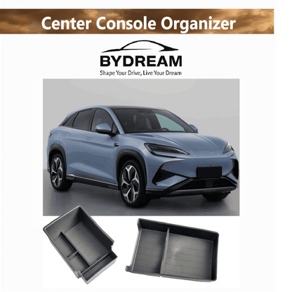 Promotional image showing BYD Sealion 7 EV with upper and lower center console organizer trays by BYDREAM.