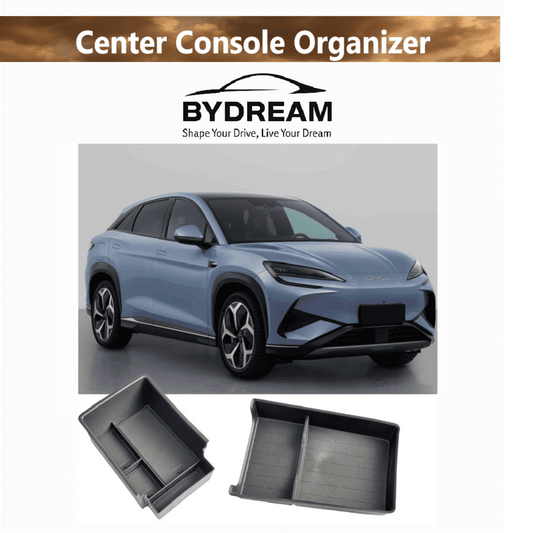Promotional image showing BYD Sealion 7 EV with upper and lower center console organizer trays by BYDREAM.