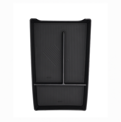 Top-down view of black center console lower organizer tray for BYD Sealion 7 (2024–2025), custom-fit insert with anti-slip compartments and durable ABS construction.