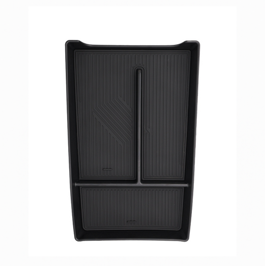 Top-down view of black center console lower organizer tray for BYD Sealion 7 (2024–2025), custom-fit insert with anti-slip compartments and durable ABS construction.