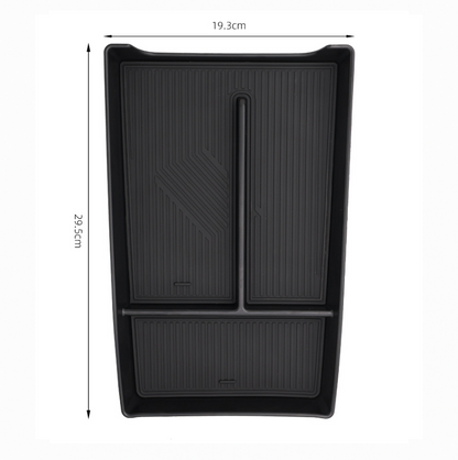 Size chart of BYD Sealion 7 center console organizer tray—dimensions 29.5cm x 19.3cm, top-down view showing exact fit for 2024–2025 models.
