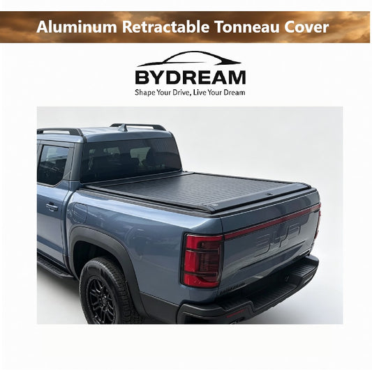 BYDREAM aluminum retractable tonneau cover for BYD Shark 6 pickup, rear three-quarter view