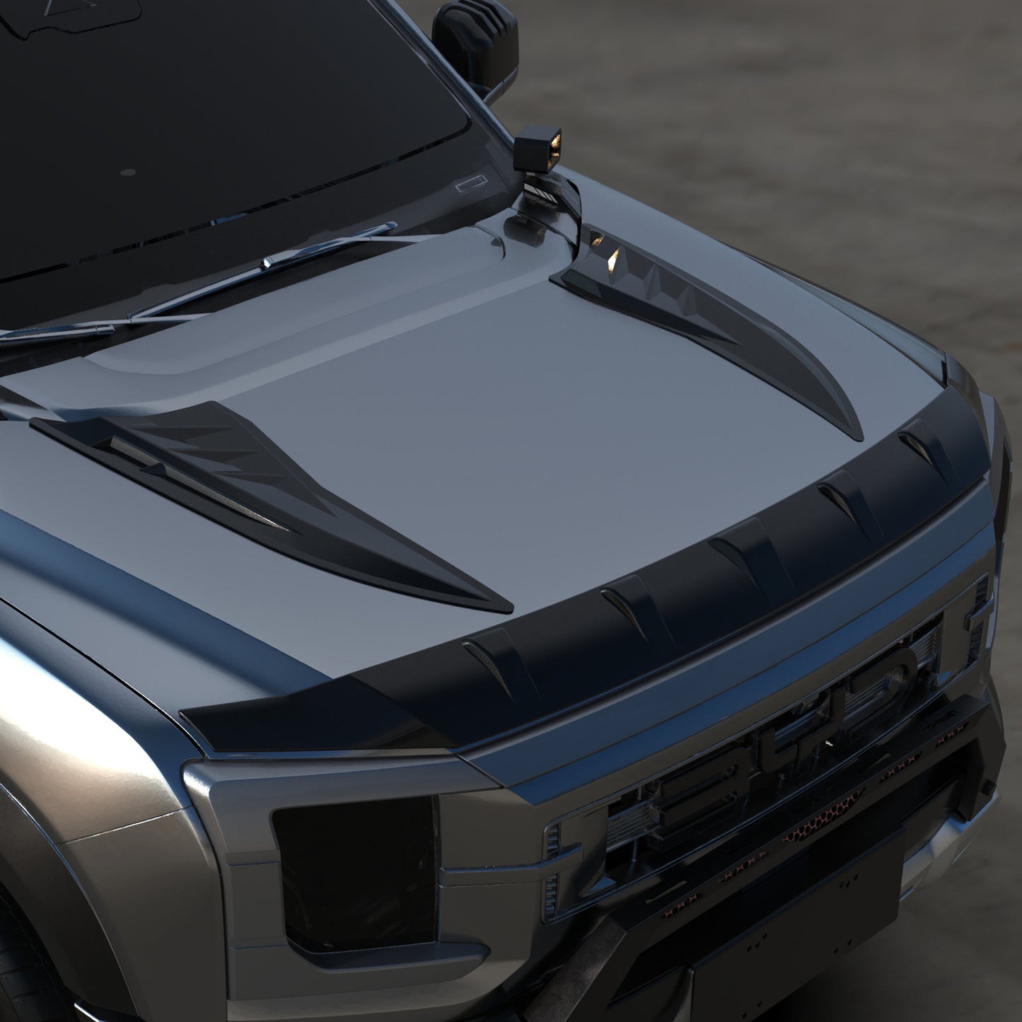BYD Shark 6 bonnet hood trim gloss black angled installation view
