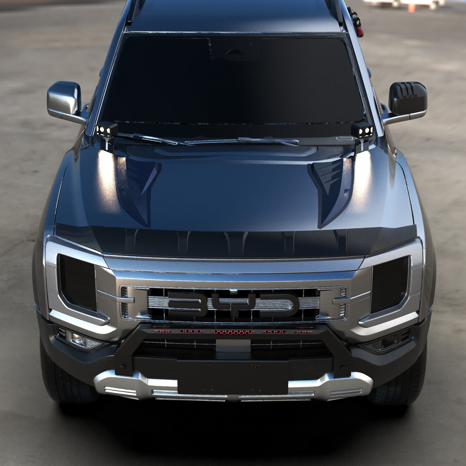 BYD Shark 6 front hood lip trim front view gloss black
