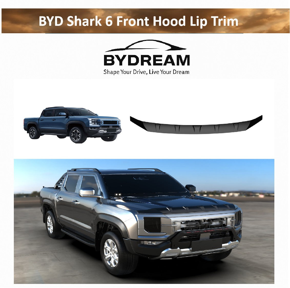 BYD Shark 6 front hood lip trim gloss black installed
