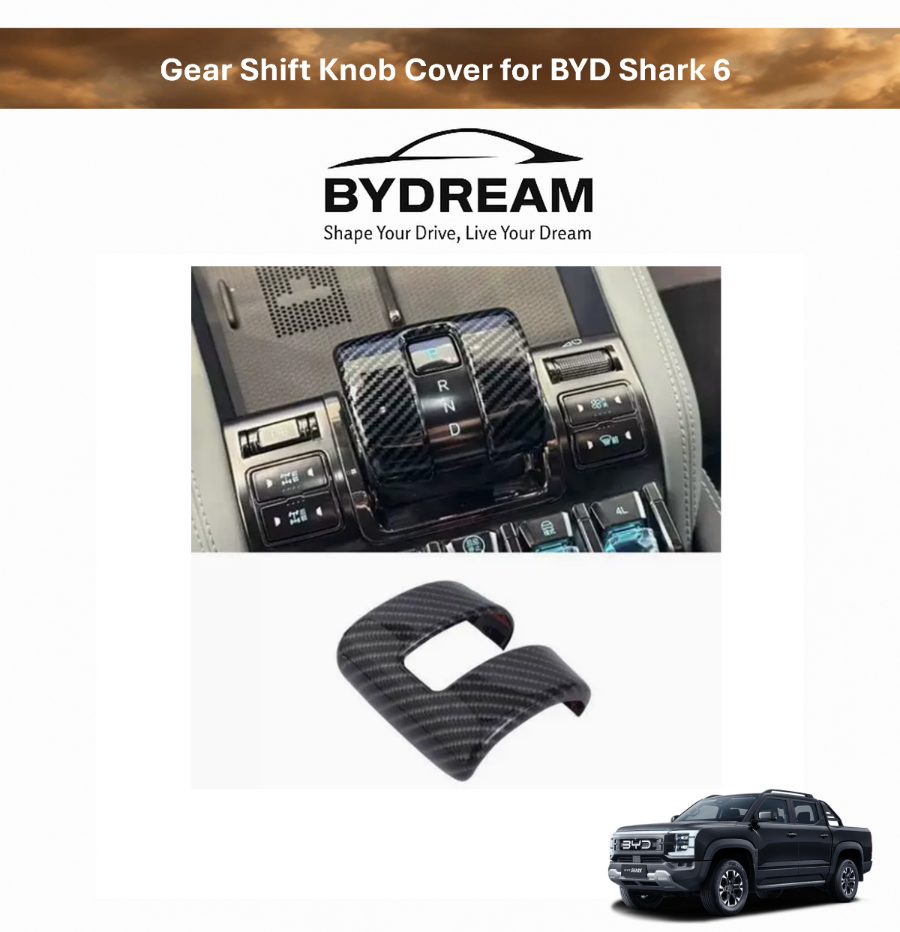 Carbon fiber style gear selector trim cover installed on BYD Shark 6 center console