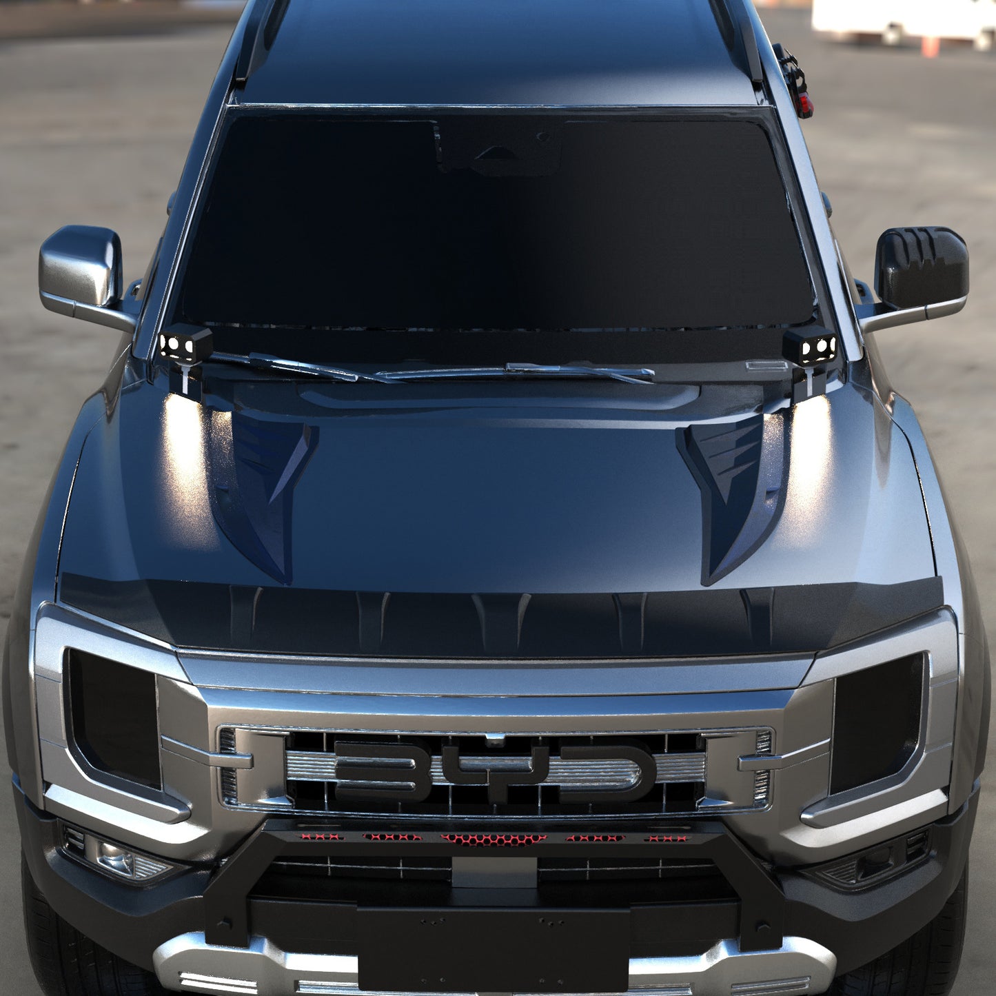 BYD Shark 6 hood decorative trim installed front view gloss black
