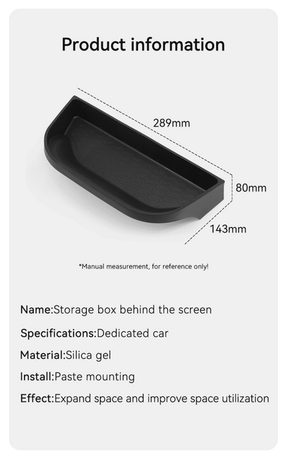 Dimensional diagram of BYD Shark 6 behind-screen storage box showing measurements: 289mm length, 143mm width, and 80mm height