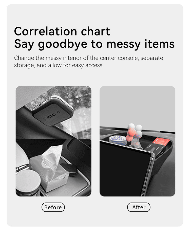 Before and after comparison showing how the BYD Shark 6 screen storage box transforms a cluttered center console into an organized space