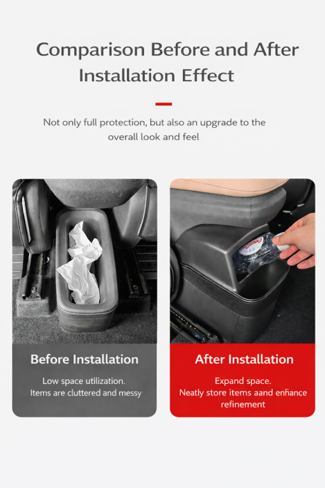 Before-and-after comparison of BYDREAM rear seat trash bin for BYD ATTO 1 (Seagull), showing cleaner storage and improved space after installation.