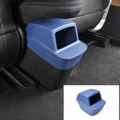 Dark blue BYDREAM rear seat trash bin installed behind the centre console in a BYD ATTO 1, custom-fit car rubbish bin with easy-access opening and inset product photo.
