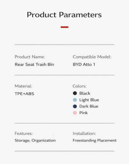 Product parameters for BYDREAM rear seat trash bin for BYD ATTO 1: TPE+ABS material, freestanding placement, storage/organization features, and color options (black, light blue, dark blue, pink).