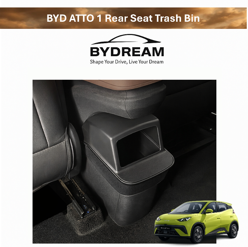 BYD ATTO 1 (Seagull) rear seat trash bin/rubbish bin by BYDREAM, shown installed behind the front seats to keep the cabin clean and organised.