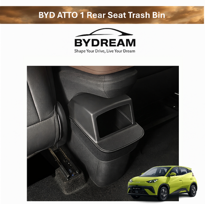BYD ATTO 1 (Seagull) rear seat trash bin/rubbish bin by BYDREAM, shown installed behind the front seats to keep the cabin clean and organised.